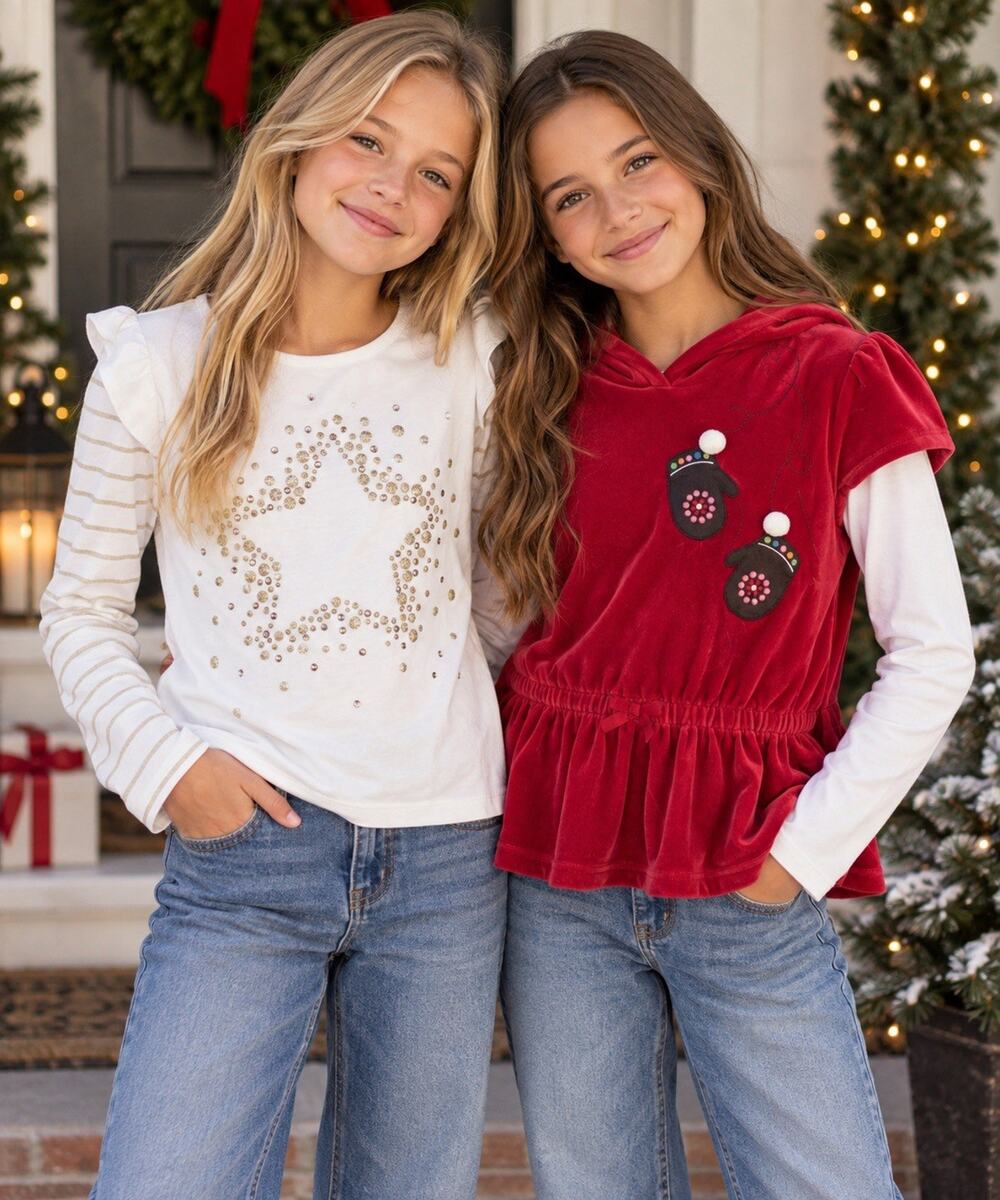 Gymboree Girls Holiday Tops Bundle Of 2 Red Velour Mittens & Gold Stars Sz 12